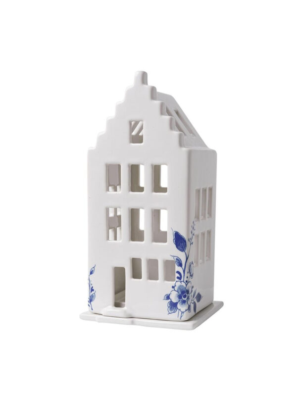 Heinen Delfts Blauw Waxinelichthouder Grachtenhuis - 3 verschillende gevels - 17 cm. - Afbeelding 3