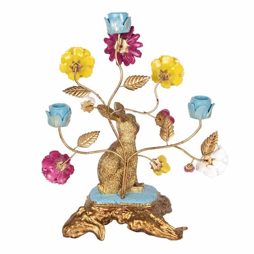 Kandelaar met goudkleurig konijn en vrolijke bloemen - Afbeelding 3