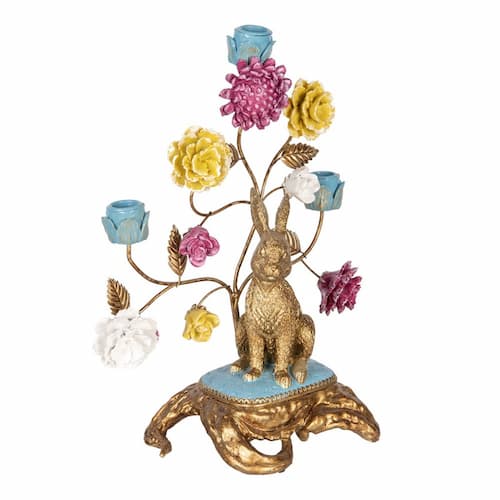 Kandelaar met goudkleurig konijn en vrolijke bloemen - Afbeelding 4