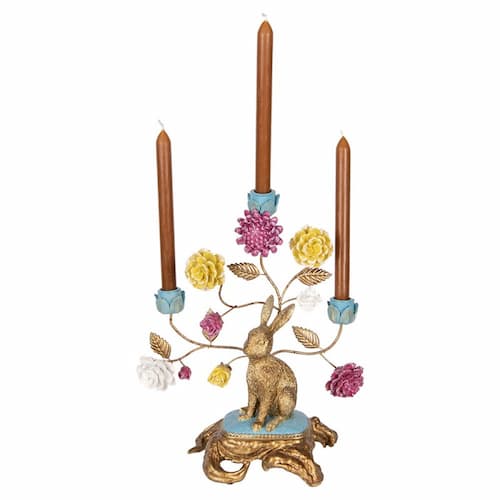 Kandelaar met goudkleurig konijn en vrolijke bloemen - Afbeelding 5