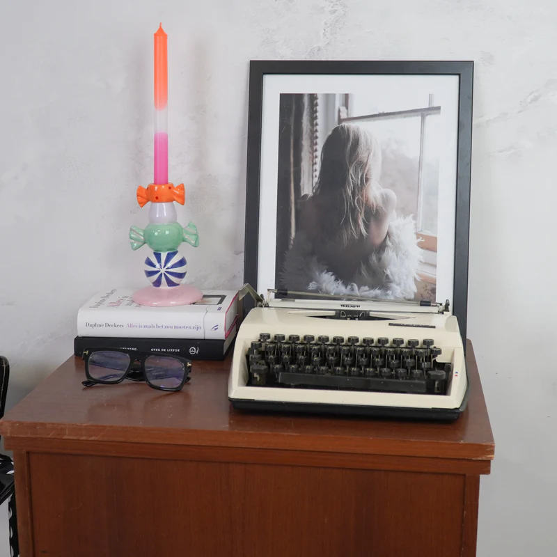 Kaarshouder- Kandelaar Stapel Snoepjes- Dolomiet - Paarse Swirl Multi Kleur- 11x11x18cm