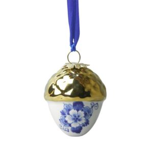 D0751 Heinen Delfts Blauw Kerstornament Noot met Gouden Dopje