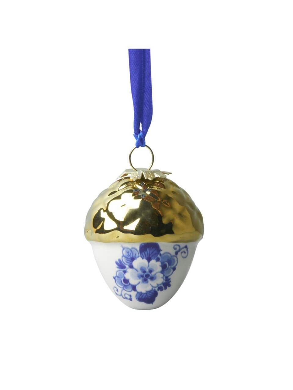 D0751 Heinen Delfts Blauw Kerstornament Noot met Gouden Dopje