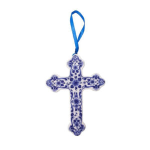 F772 Heinen Delfts Blauw Kerstornament Kruis met bloemmotief