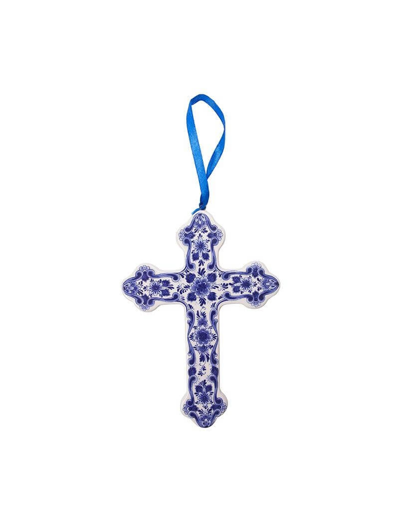 F772 Heinen Delfts Blauw Kerstornament Kruis met bloemmotief